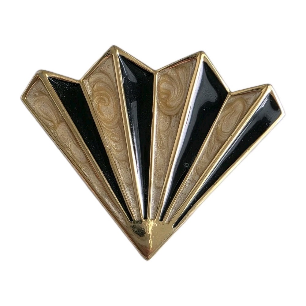 Vintage MONET Fan Brooch Gold Black Enamel Art Deco Revival 80s Signed